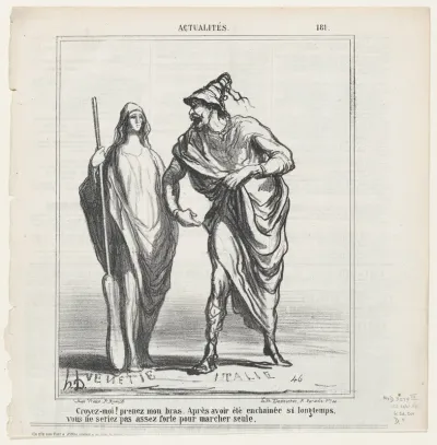 Believe me, take my arm! After having been chained for such a long time you will not be strong enough to walk on your own!, from 'News of the day,' published in Le Charivari, September 22, 1866
