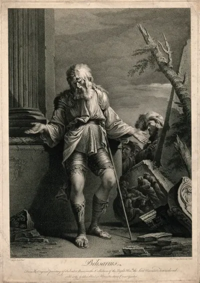 Belisarius as a blind old man with a stick, leans against a column with broken masonry around him and stretches out his hands: he is watched by people in the background