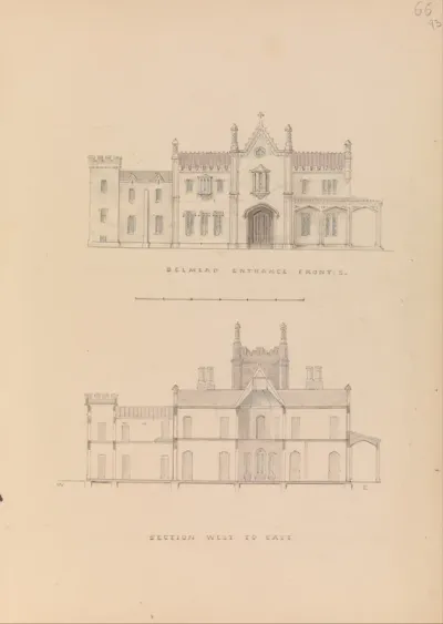 "Belmead", James River, Virginia: Entrance façade and west-east section (recto); North-south section and upper floorplan (verso)