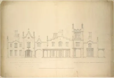 Belmead, Plantation Mansion for Philip St. George Cocke, Powhatan Co., Virginia (partial elevations of entrance facade, greenhouse facade and James River facade, shown as continuous)