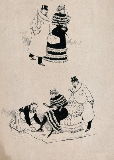 (Below) a woman is sitting on a chair having her feet measured for a pair of shoes, her male companion stands and waits for her; (above) the couple are walking away and the man is carrying the box with the shoes in it