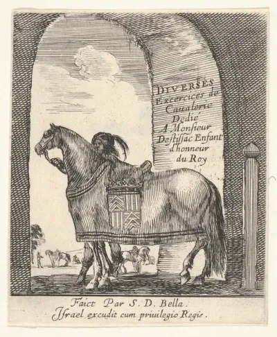 Beneath an archway, a groom holds the bridle of a horse shown in profile, facing left, the title page for "Various cavalry exercises" (Diverses exercices de cavalerie)