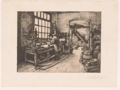 Bereider van kleuren aan het werk in het atelier