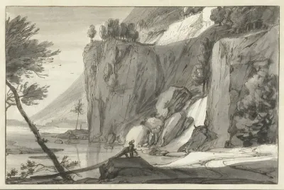 Bergachtig kustlandschap met rechts steile rotsen
