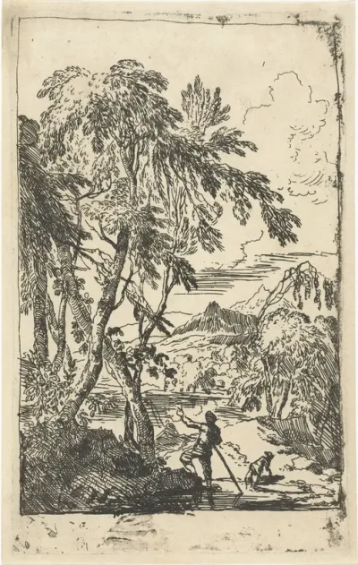 Bergachtig landschap met bomen en man met hond