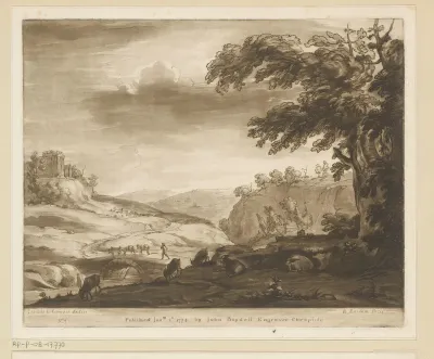 Bergachtig landschap met brug over een rivier, herder en geiten