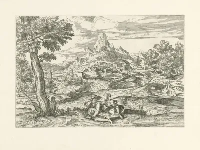 Bergachtig landschap met draailierspeler