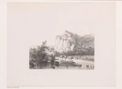 Bergachtig landschap met drie koeien in het water