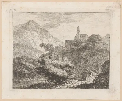 Bergachtig landschap met een gebouw op een rots