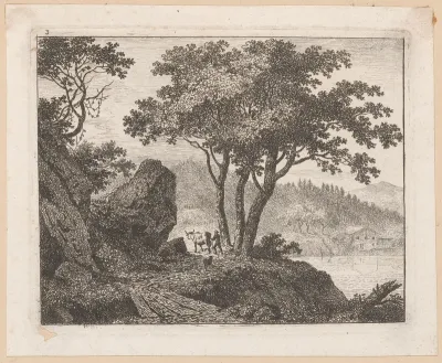 Bergachtig landschap met een reiziger met vee