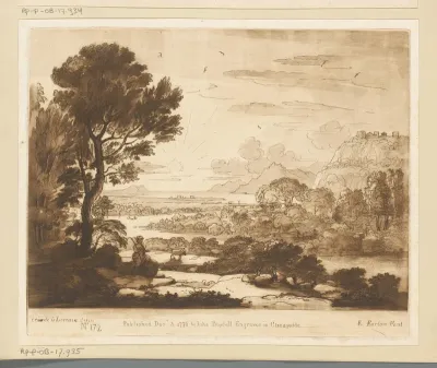 Bergachtig landschap met fluitspelende herder op een rots