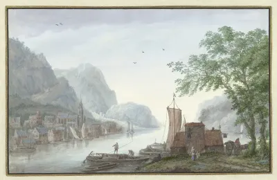 Bergachtig landschap met gezicht op een dorp aan een rivier