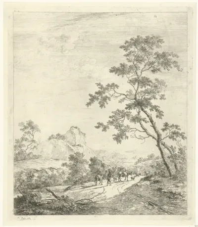 Bergachtig landschap met herder en herderin