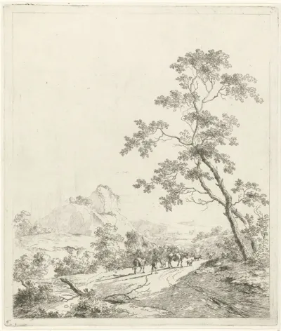 Bergachtig landschap met herder en herderin