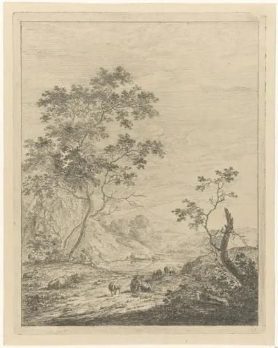 Bergachtig landschap met herder en vee