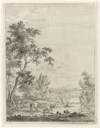 Bergachtig landschap met herder en vee bij rivier