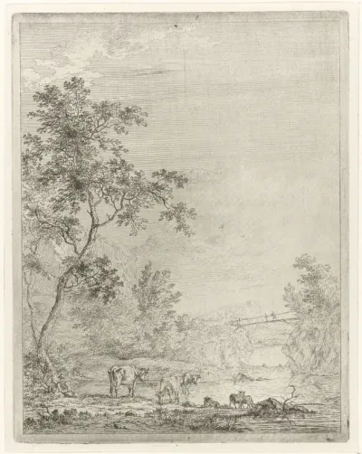 Bergachtig landschap met herder en vee bij rivier