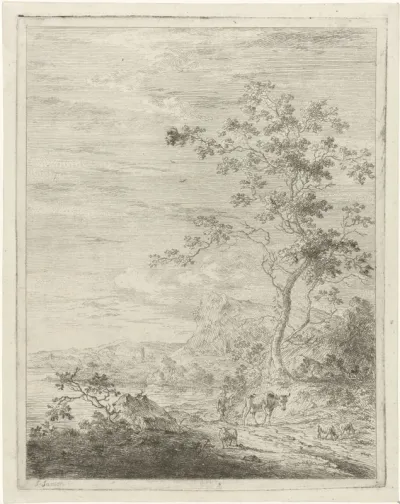 Bergachtig landschap met herder en vee op pad
