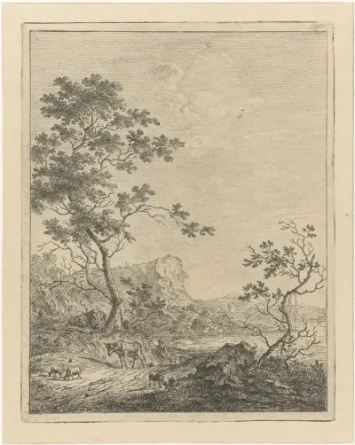 Bergachtig landschap met herder en vee op pad