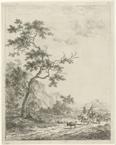 Bergachtig landschap met herder, herderin en vee