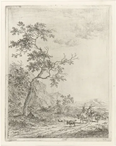 Bergachtig landschap met herder, herderin en vee