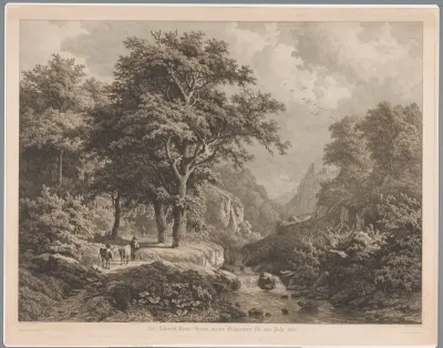 Bergachtig landschap met in het midden een waterval, links een jongen met drie koeien en een hond