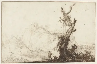 Bergachtig landschap met op de voorgrond een kale boom