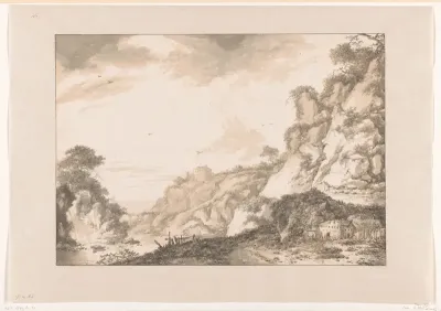 Bergachtig landschap met rechts een boerderij