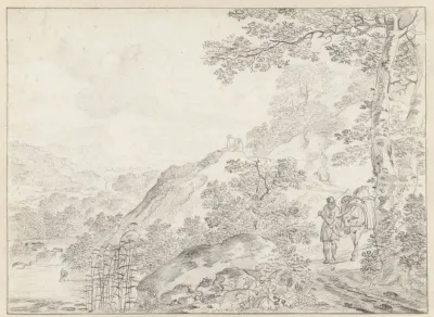 Bergachtig landschap met rechts een man met een lastdier