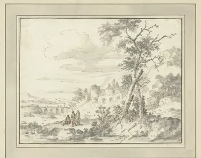Bergachtig landschap met ruïnes