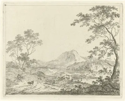 Bergachtig landschap met rustende herder