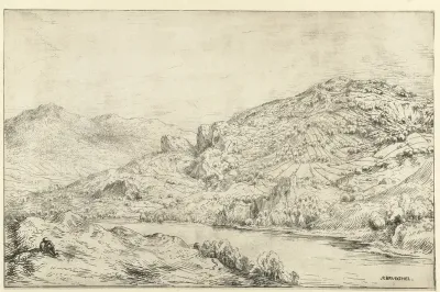 Bergachtig landschap met schilder