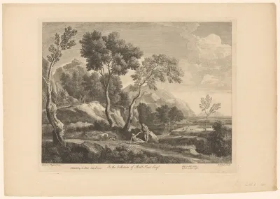 Bergachtig landschap met zeven figuren en twee honden aan een oever