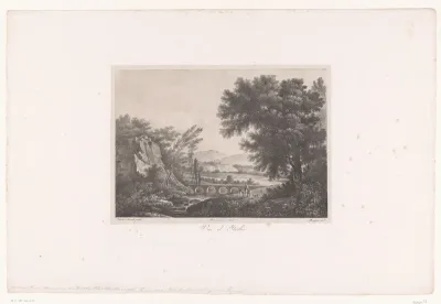 Berglandschap in Italië met brug en man op ezel