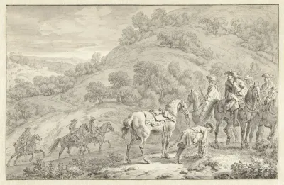 Berglandschap met afgestegen ruiter en jagers te paard
