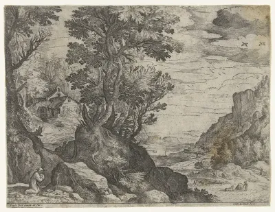Berglandschap met biddende kluizenaar