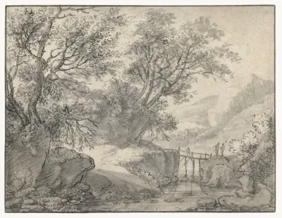 Berglandschap met bomen en een brug over een beek