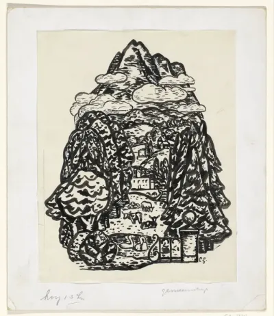 Berglandschap met bomen en vee