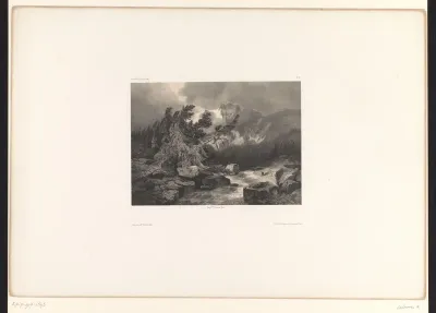 Berglandschap met bomen, rotsen en een beek