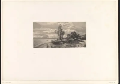 Berglandschap met boom aan de oever van een meer