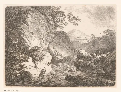 Berglandschap met cascade en een staande man in het water