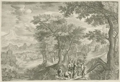 Berglandschap met Christus en de bloedvloeiende vrouw