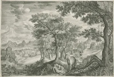 Berglandschap met de barmhartige Samaritaan