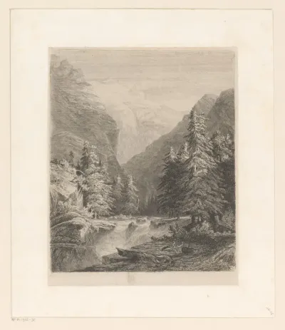 Berglandschap met dennenbomen aan een waterval