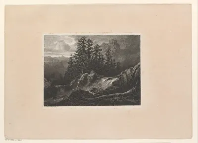 Berglandschap met dennenbomen bij een cascade