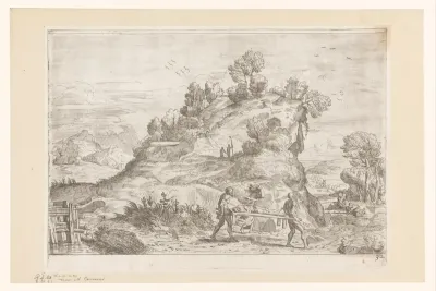 Berglandschap met dode man op een brancard