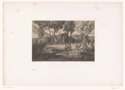 Berglandschap met drie faunen bij een beek