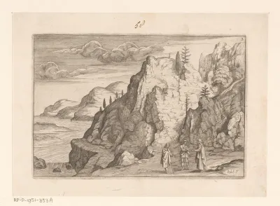 Berglandschap met drie mannen in gesprek