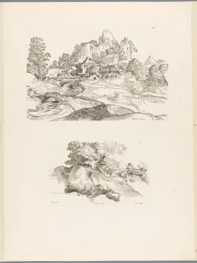 Berglandschap met een boom op een rots en op de achtergrond een dorp