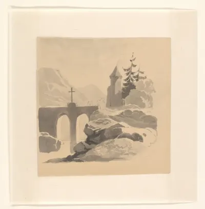 Berglandschap met een brug en toren